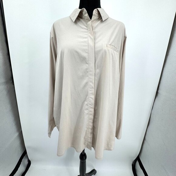Athleta Urbanite Shirt 2X Women Beige Button Long Sleeve Stretch Career Comfort - Picture 2 of 7